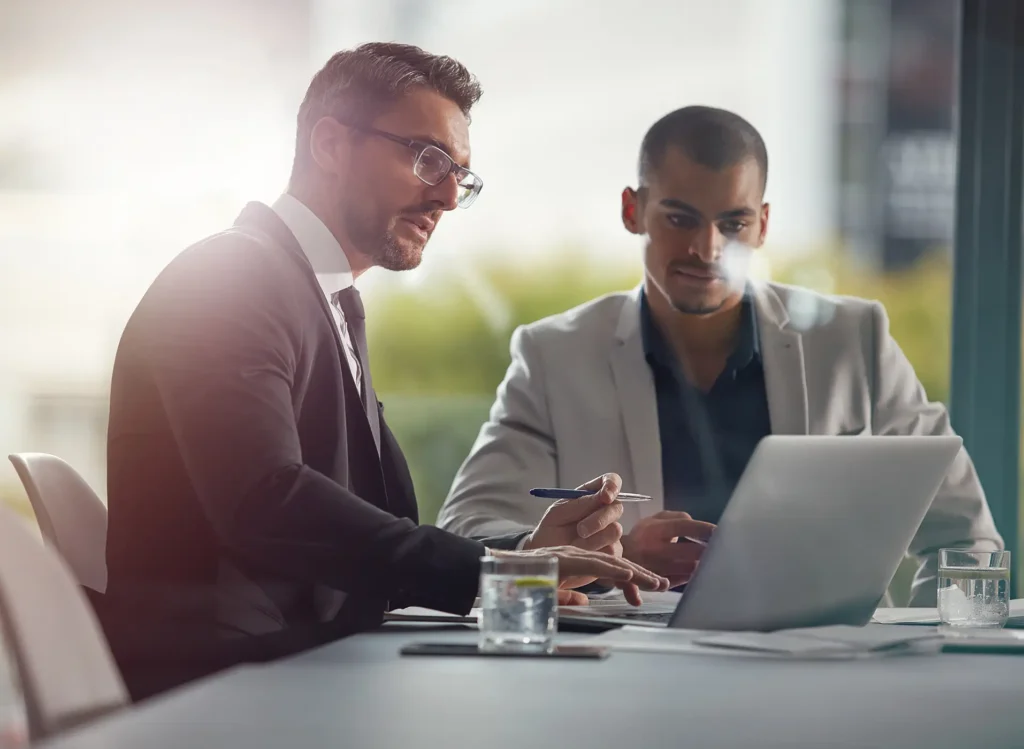 Business people, laptop and planning while reading email information online