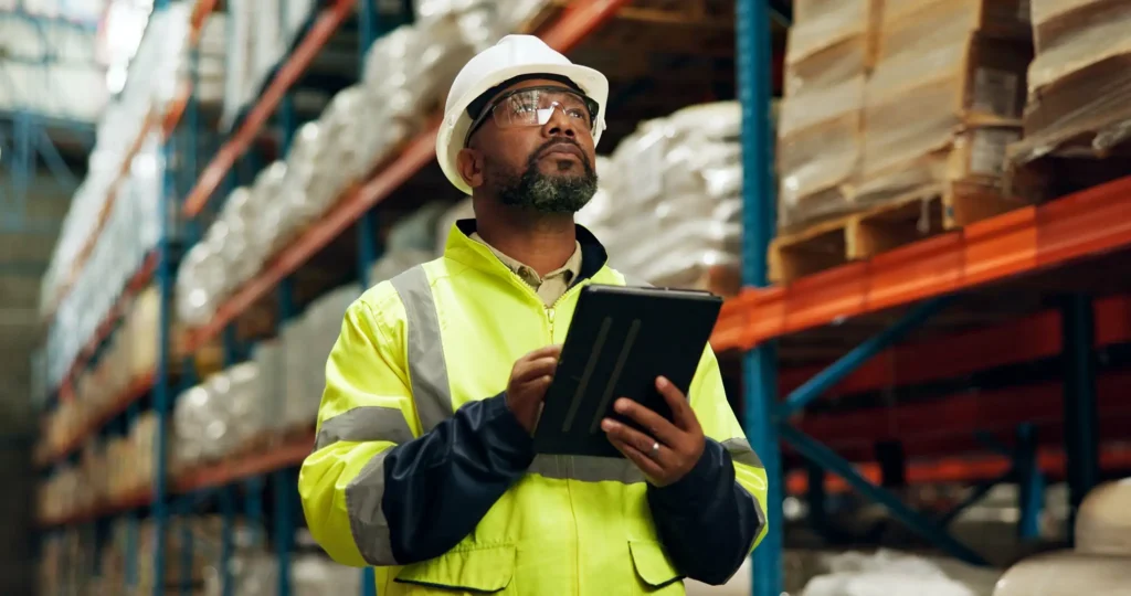 Black man, logistics and tablet at warehouse for distribution industry